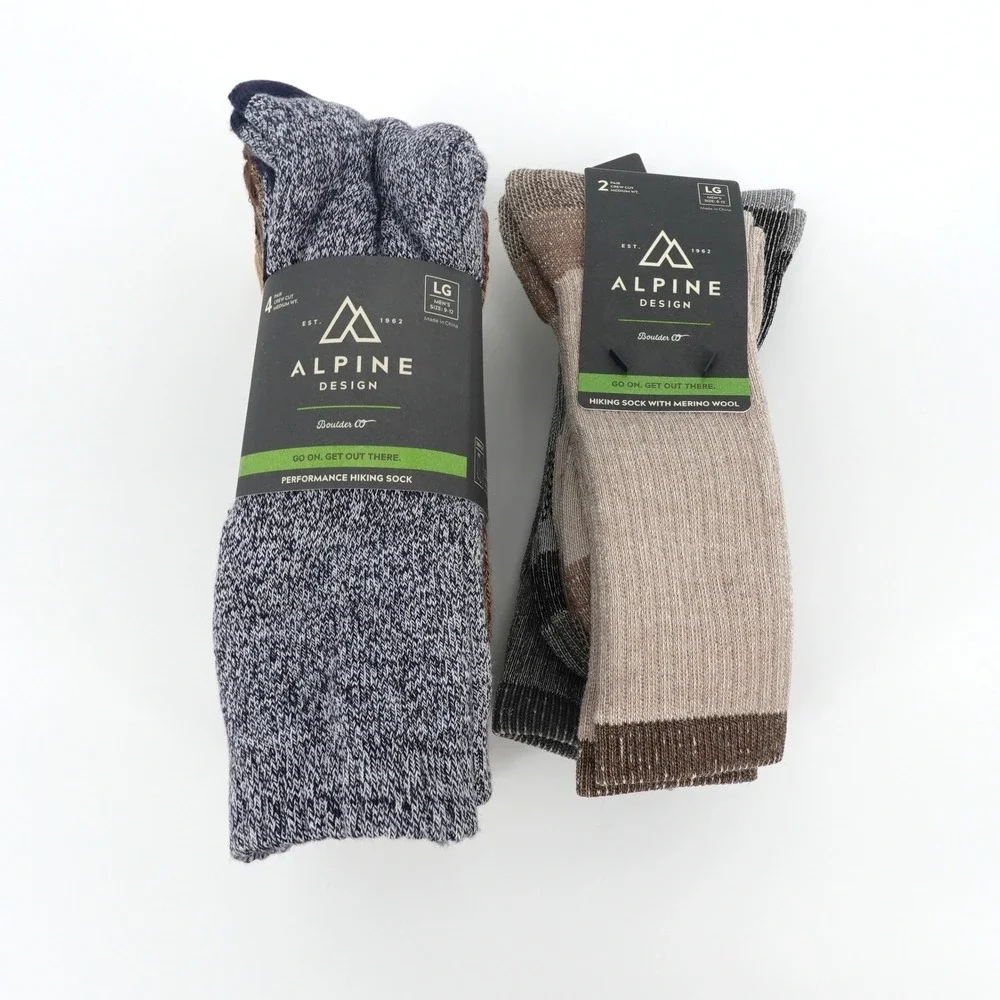 Alpine Design Mens Performance Hiking Socks 6 Pair Merino Wool Blend Large 9-12